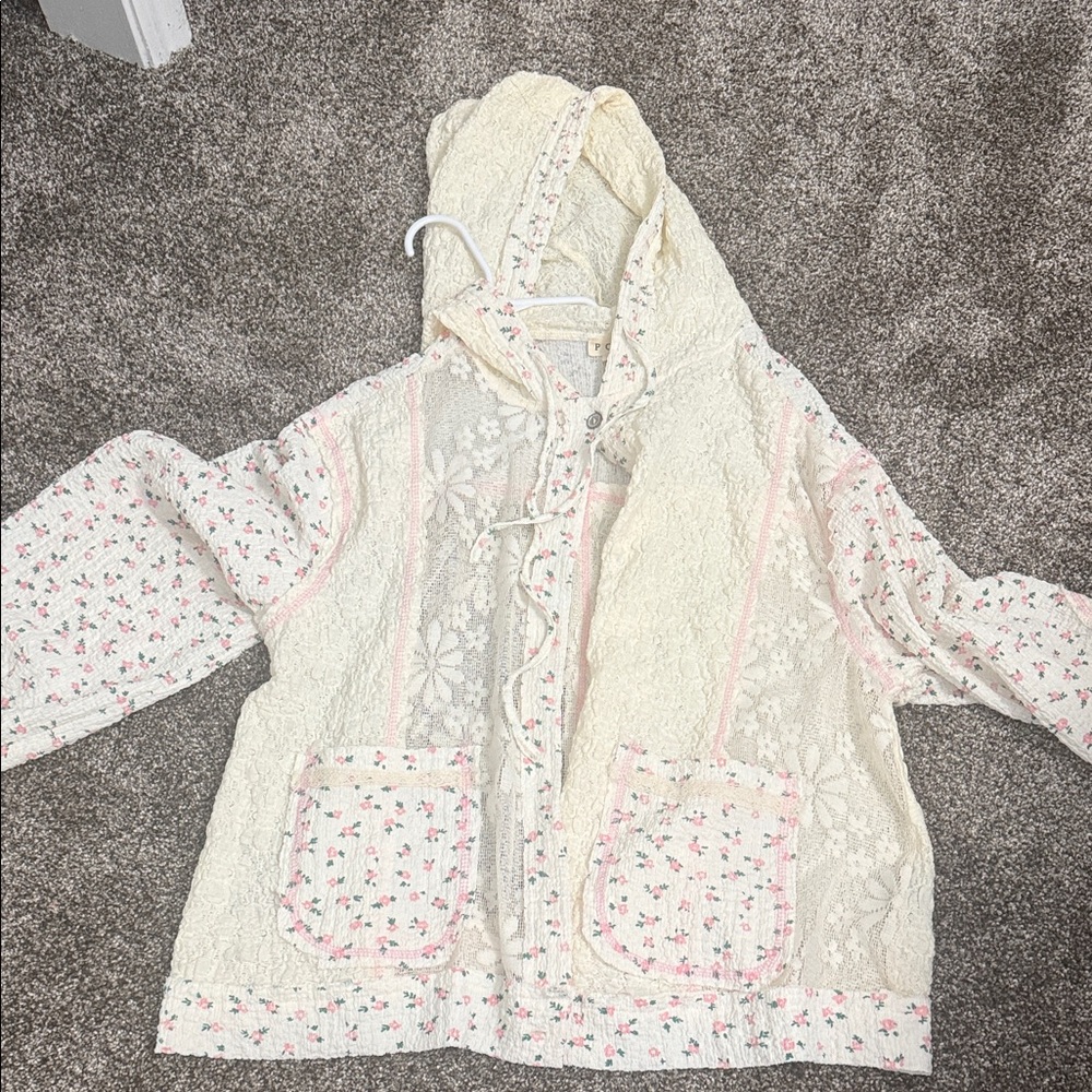 POL Cream and Pink Floral Utility Jacket